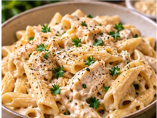 Creamy cottage cheese chicken pasta with spinach and Parmesan