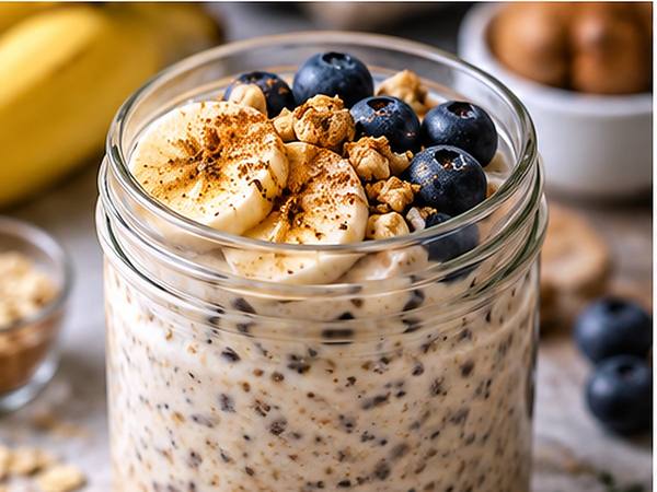 High-protein overnight oats with Greek yogurt, chia seeds, and berries