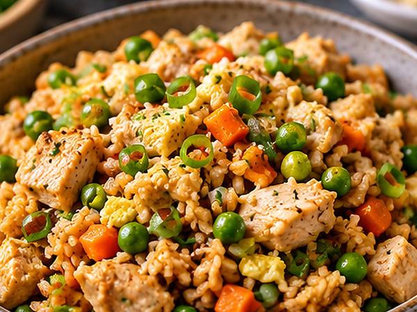 Leftover chicken fried rice with vegetables and egg