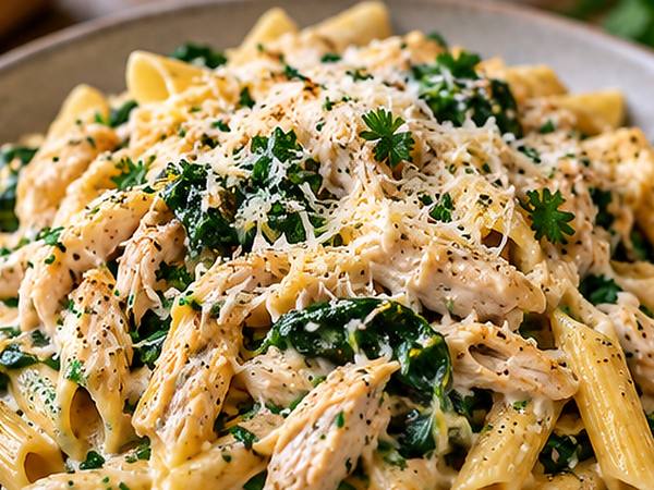 Creamy leftover rotisserie chicken pasta with spinach and Parmesan